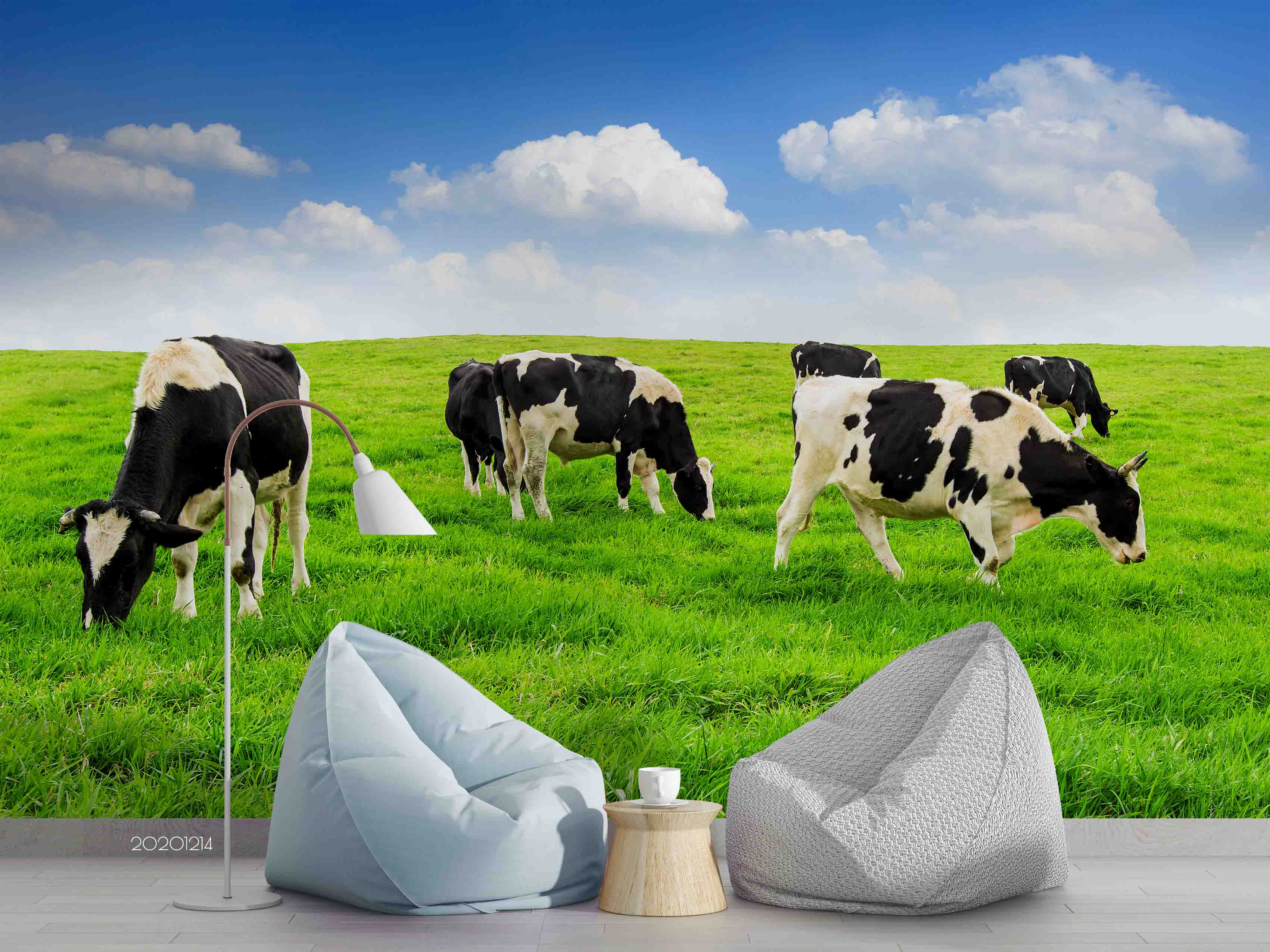 3D Landscape Blue Cloud Sky Grassland Cow Animal Wall Mural Wallpaper Lxl