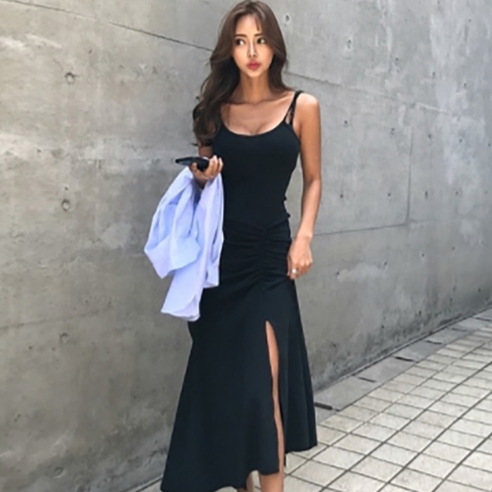 Summer Holiday High Street Sexy V Neck Black Spaghetti Strap Side Splits Irregular Dress Women Sleeveless Retro Drawstring Waist alx