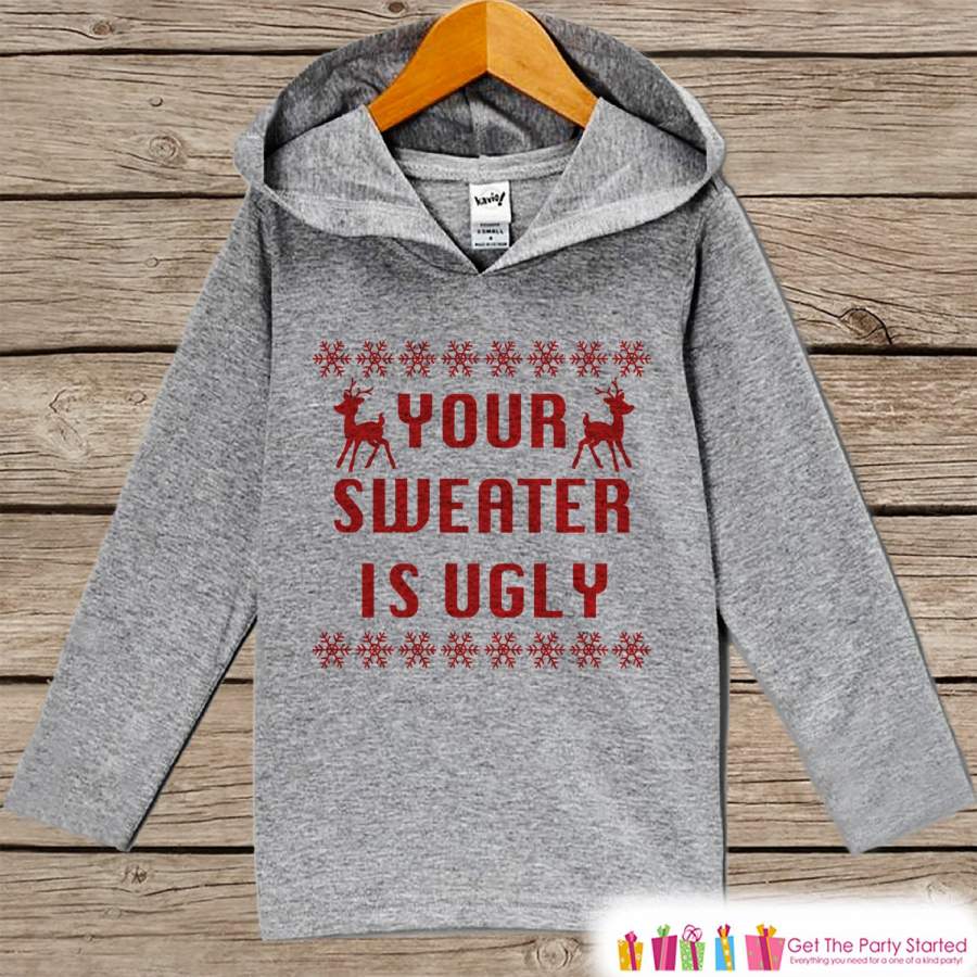 Ugly Sweater Hoodie – Funny Kids Christmas Outfit – Grey Christmas Sweater – Kids Hoodie Pullover – Holiday Shirt for Baby, Youth, Toddler