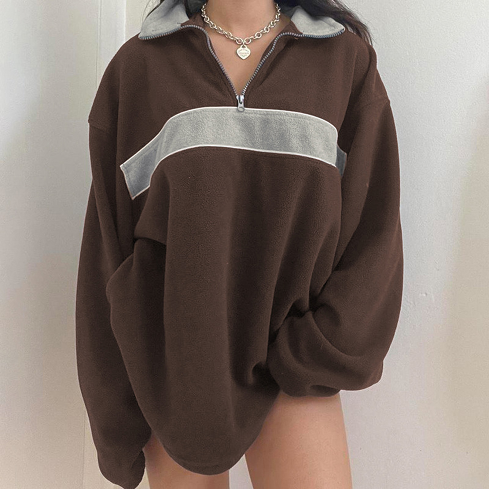 Women y2k Wild Sweatshirts Patchwork Turn-Down Collar Long Sleeve Zipper-Up Loose Pullovers Autumn Winter Casual Tops alx