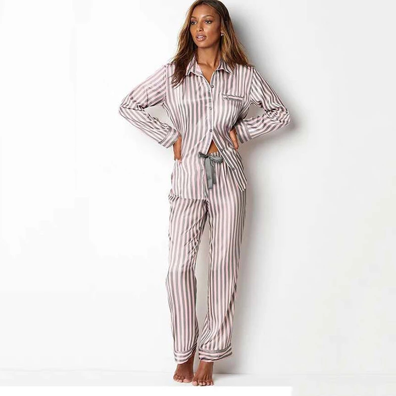 Spring Autumn Women Pajama Set Stripe Silk Ladies Pijamas Suit 2 Pcs with Trousers Nightwear Long Sleeve Sleepwear for Female alx