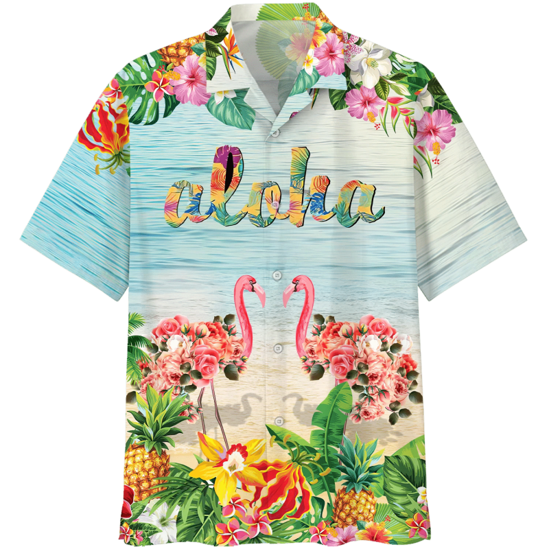 Flamingo Flowers Aloha Print Short Sleeve Hawaiian Casual Shirt