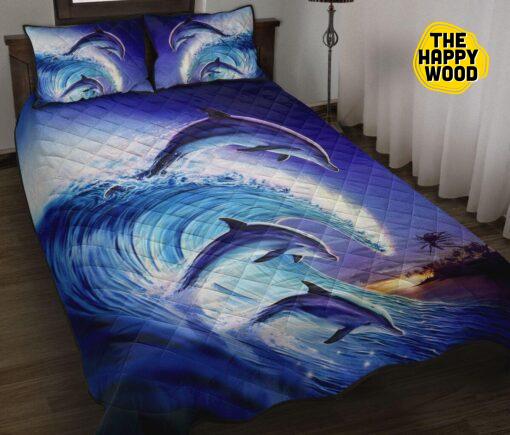 Dolphin Riding A Wave Beauty Quilt Bed Set And Pillow Covers