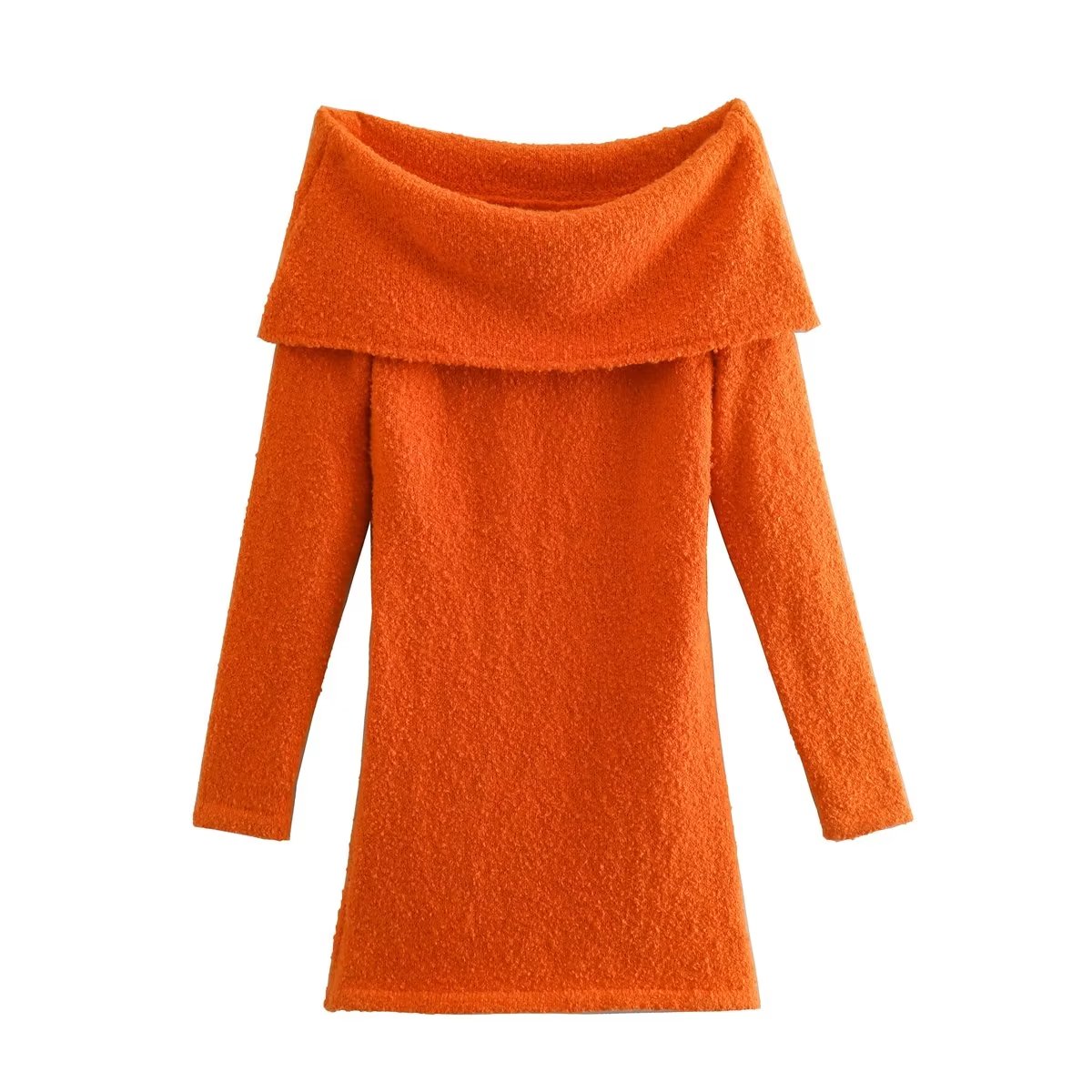 2022 New Orange Knit Dress Women’s Long Sleeves Wide Collar Off-shoulder Tight Dresses Chic Lady Women Fall Winter Robe Clothing alx