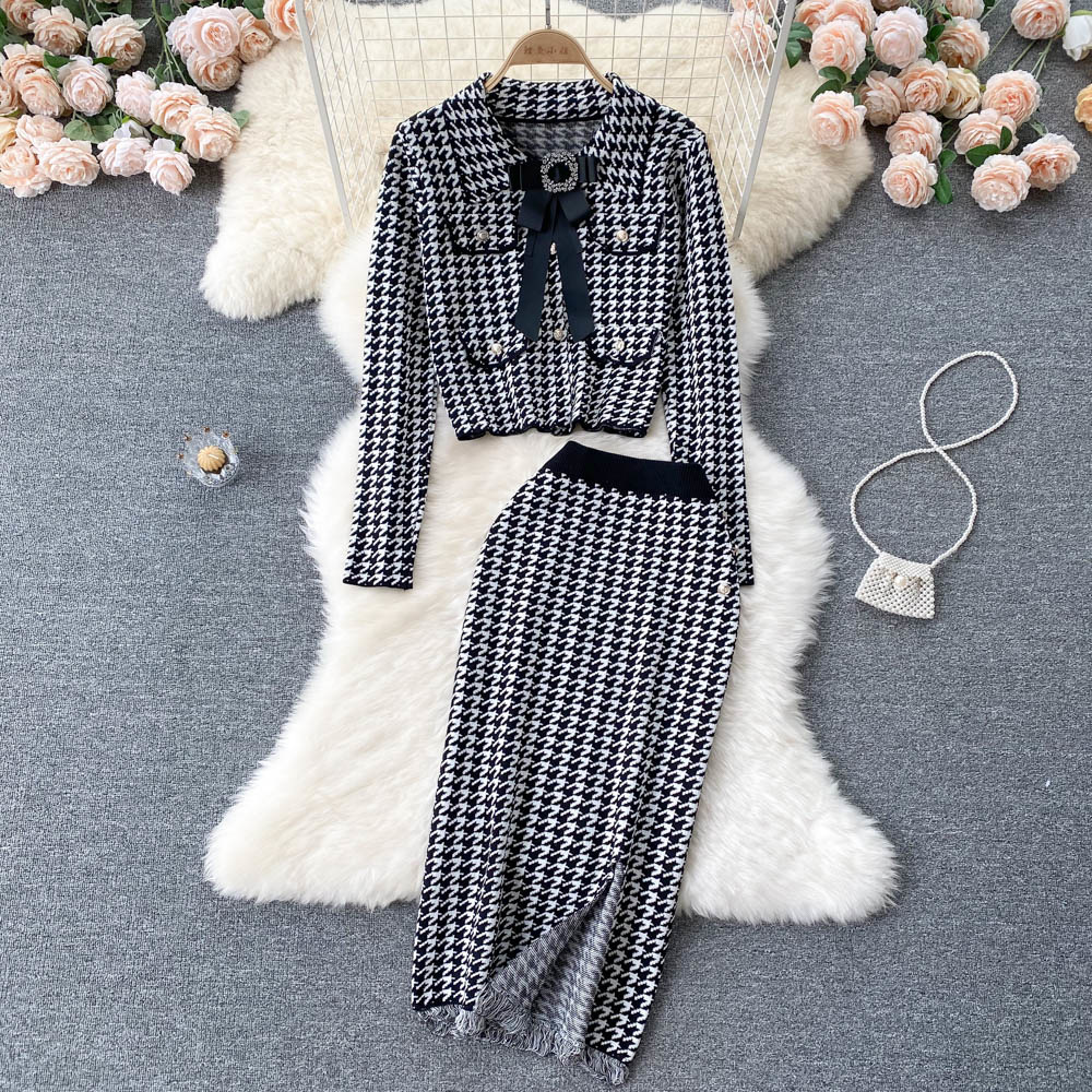 Autumn Winter Knitting Suits Women 2 Piece Set Houndstooth Bowknot Cardigan Jacket Coat + High Waist Hip Wrap Split Skirt Set alx