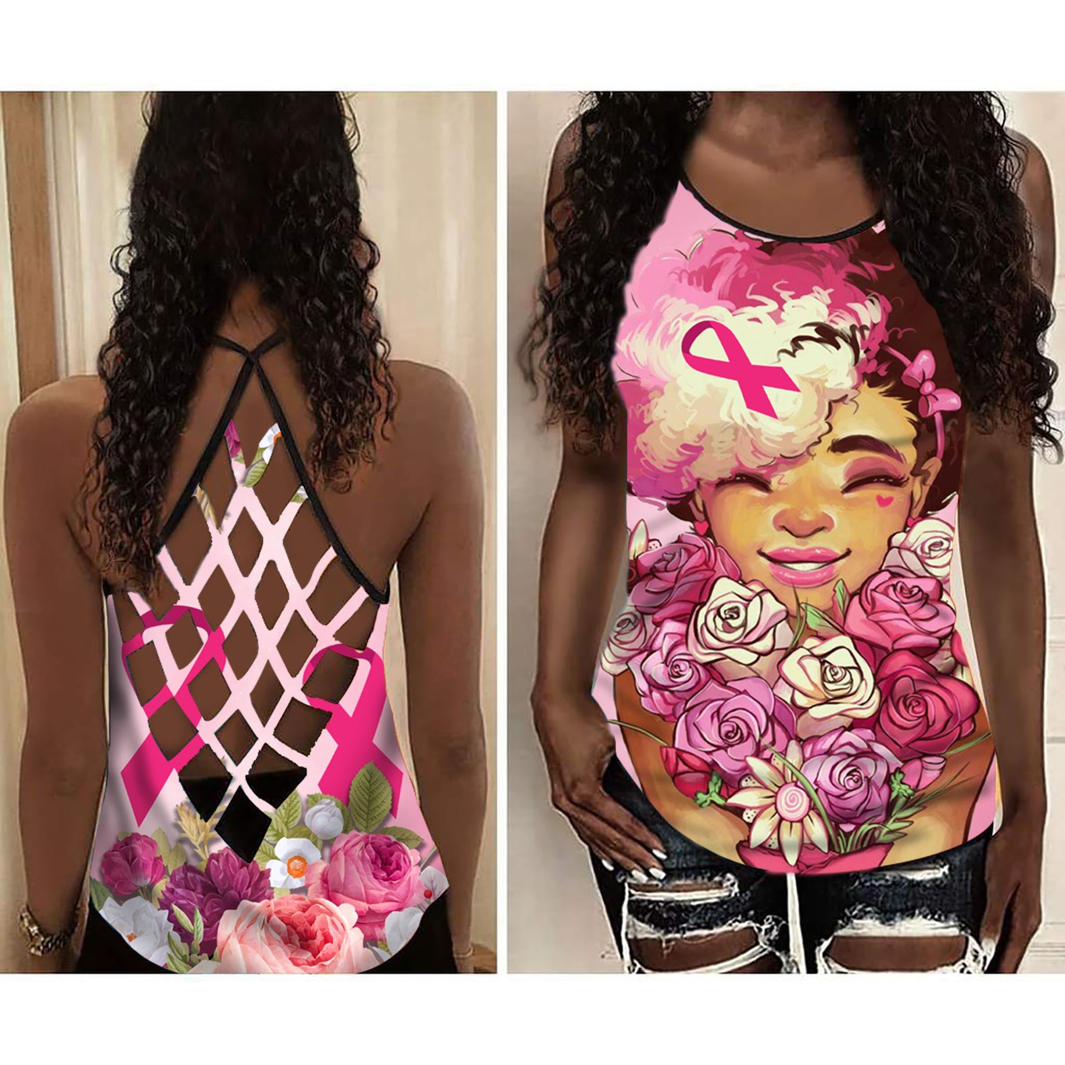 Happy Black Girl Strong October Pink Tank Top Shirt Women – Cancer Awareness Cross Open Back Camisole Tank