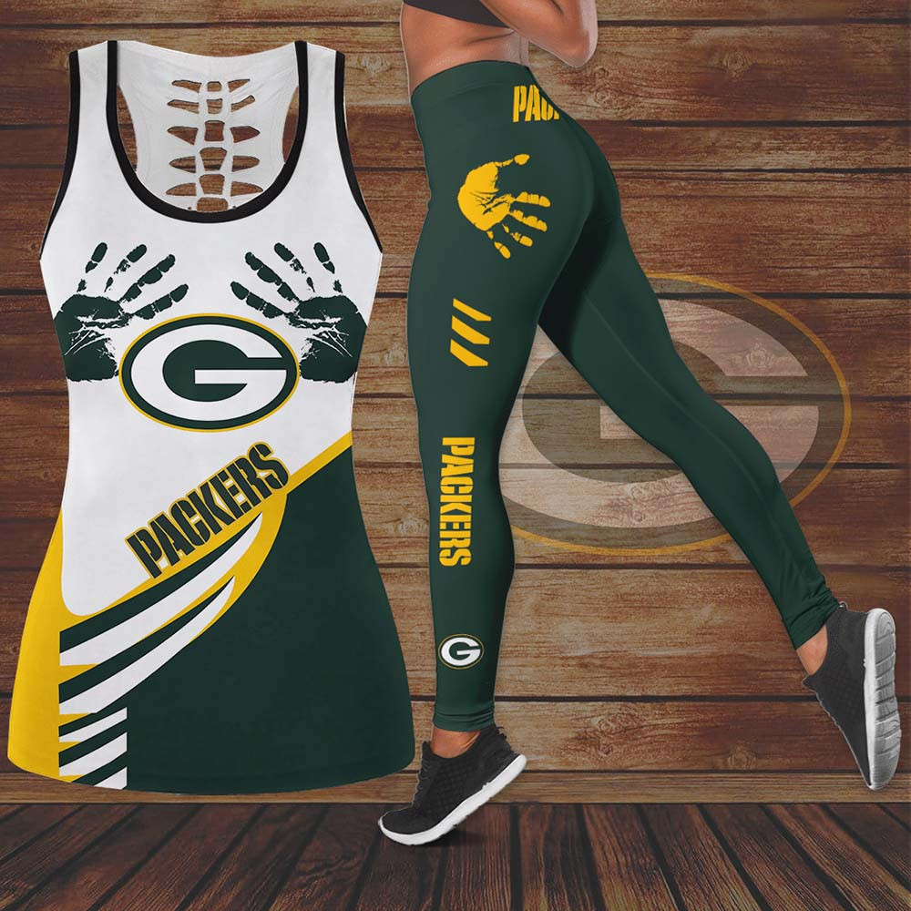 Green Bay Packers Handprint All Over Print 3D Hollow Tank Top & Leggings – White Dark Green-Tph