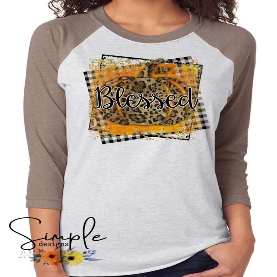 Blessed Leopard Pumpkin With Plaid Border T-shirt, Pumpkin Spice Tees, Fall Raglans