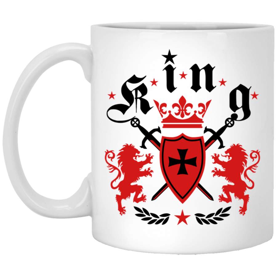 32 King Lions Crown Swords Knight Shield Cross 11 oz. White Mug