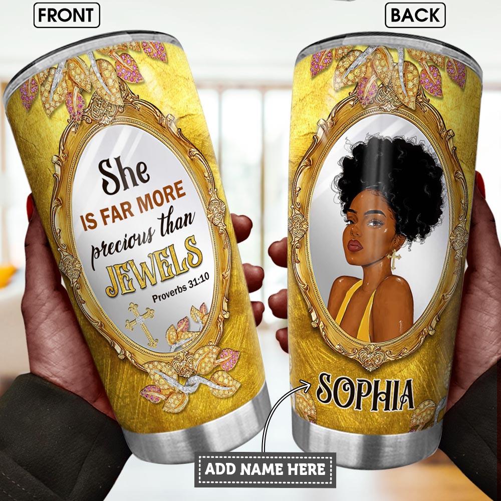 Personalized Afrocentric Coffee Tumbler Thermal Black Woman Faith Jewel Iced Coffee Custom Tumbler Double Wall Cup Stainless Steel Melanin Women Gift Ideas 20 Oz