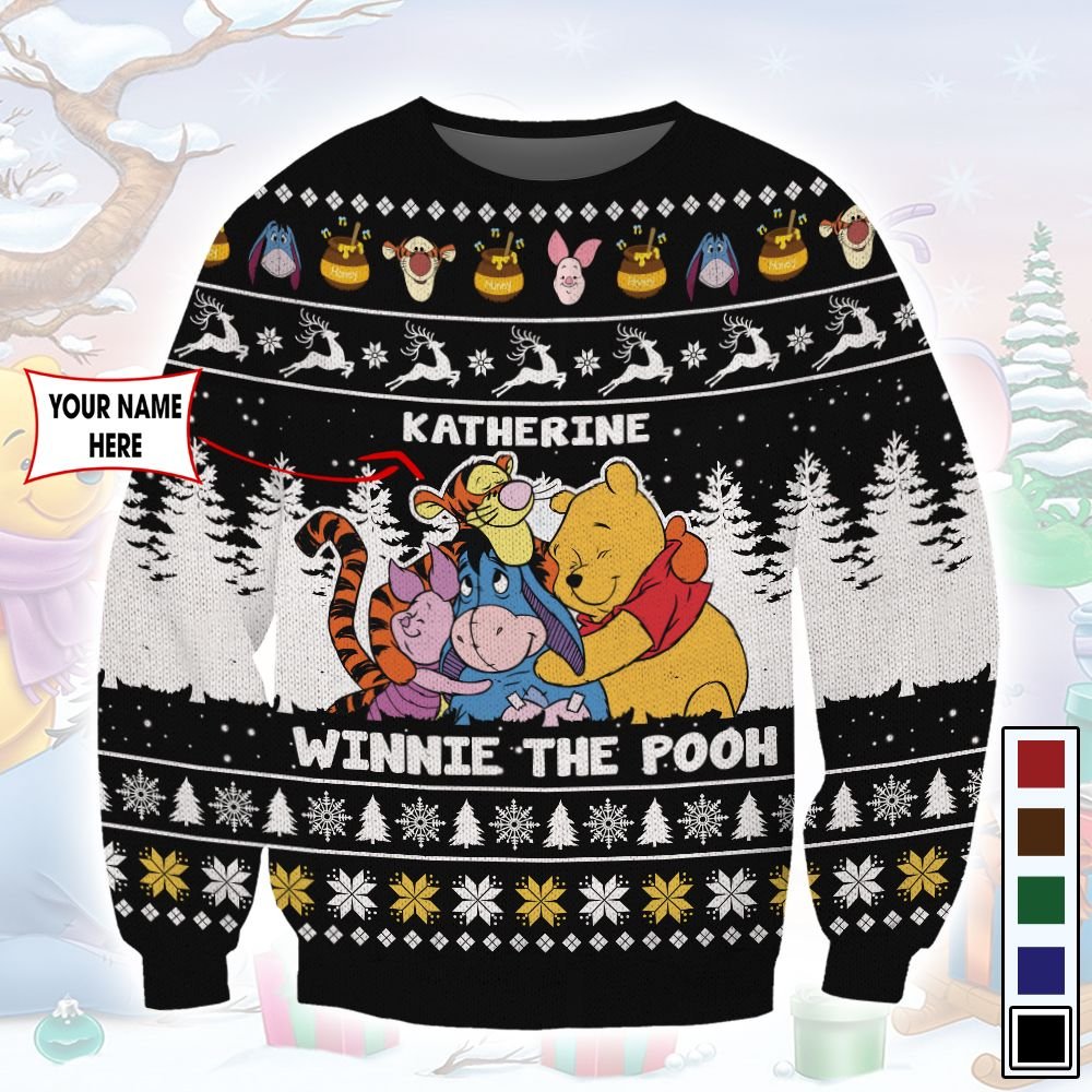 Cartoon Character Winnie The Pooh Christmas Sweater All Over Printed 3D Personalized Custom Name Unisex Men Women