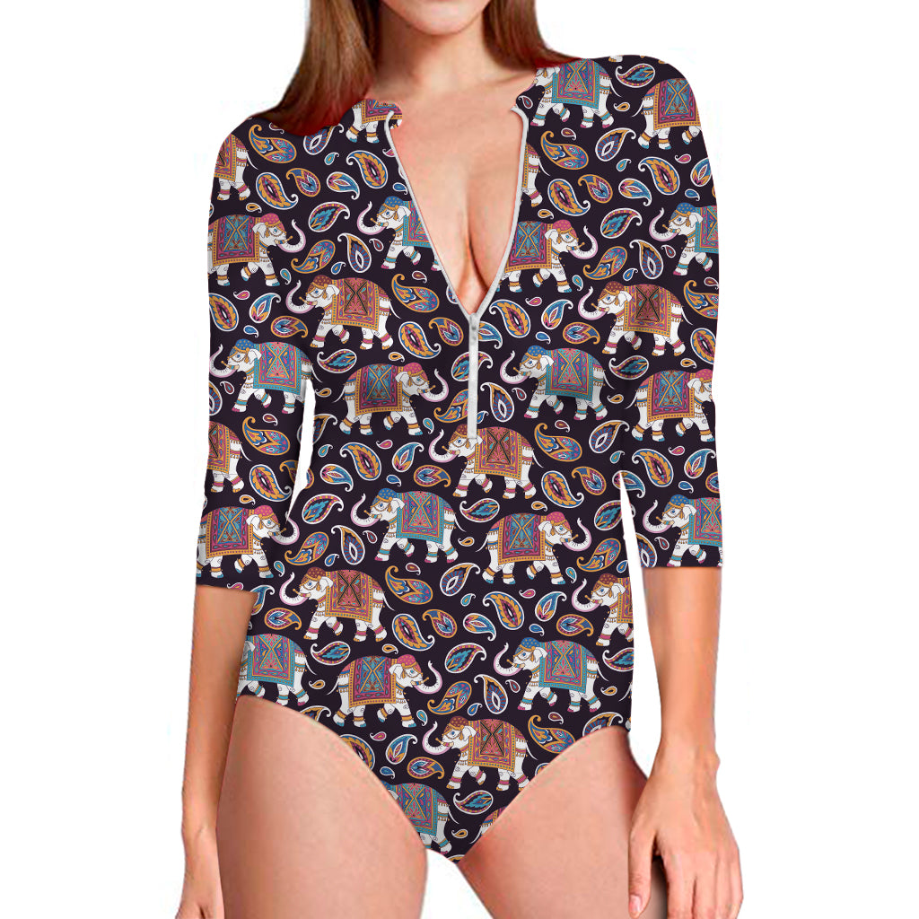 Vintage Indian Elephant Pattern Print Long Sleeve One Piece Swimsuit