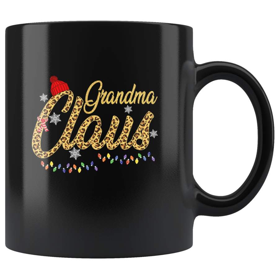 Grandma Claus Leopard Glitter Christmas Xmas Black Coffee Mug