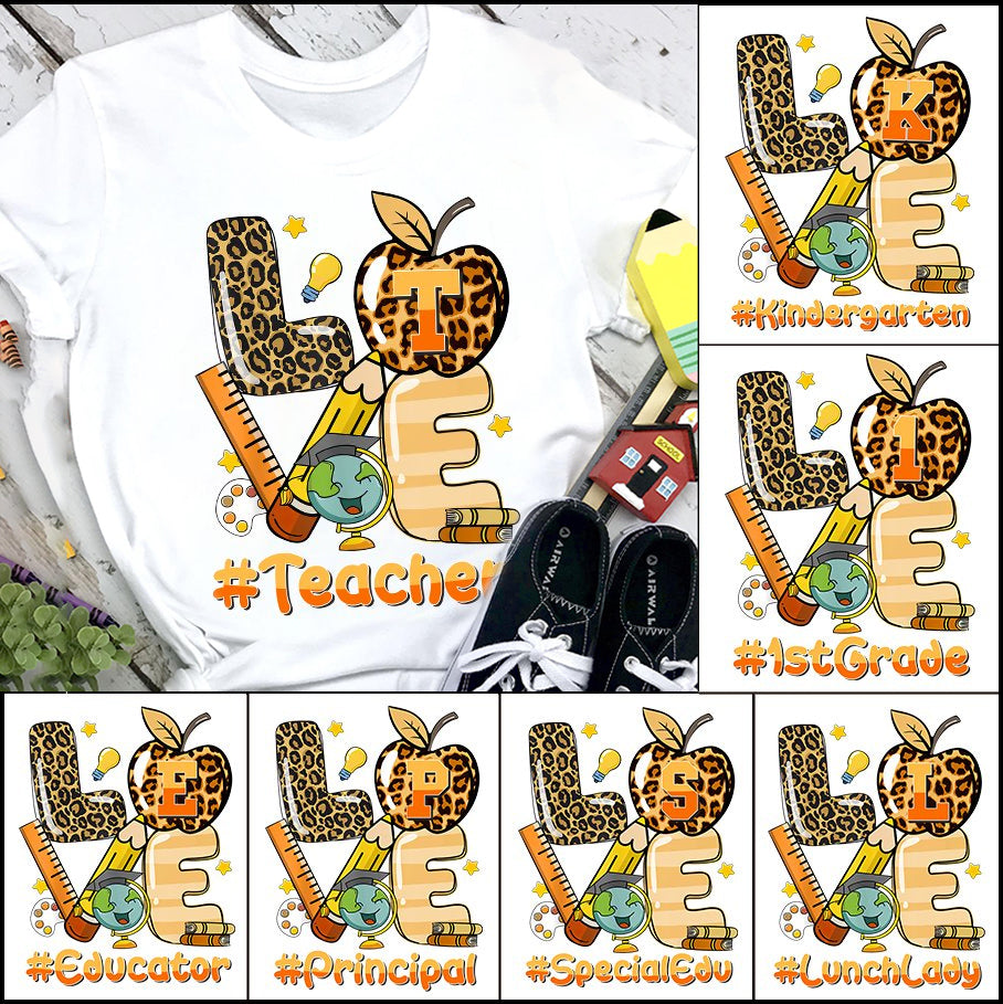 Personalized T-Shirt For Teacher Love Hashtag Teacher Leopard Apple Ruler Pencil Custom Hashtag Back To School Outfit