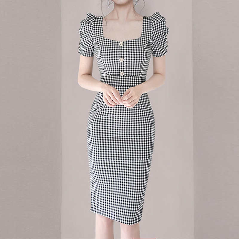 2022 Elegant Slim Formal Office Lady Work Bag Hip Dress Plaid Square-Collar Puff Sleeve Bodycon Temperament Commute Dress Summer alx