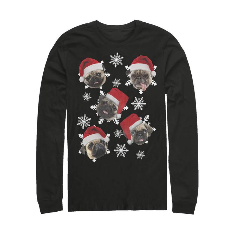 Lost Gods Men’s Ugly Christmas Pug Snowflakes  Long Sleeve Shirt Black