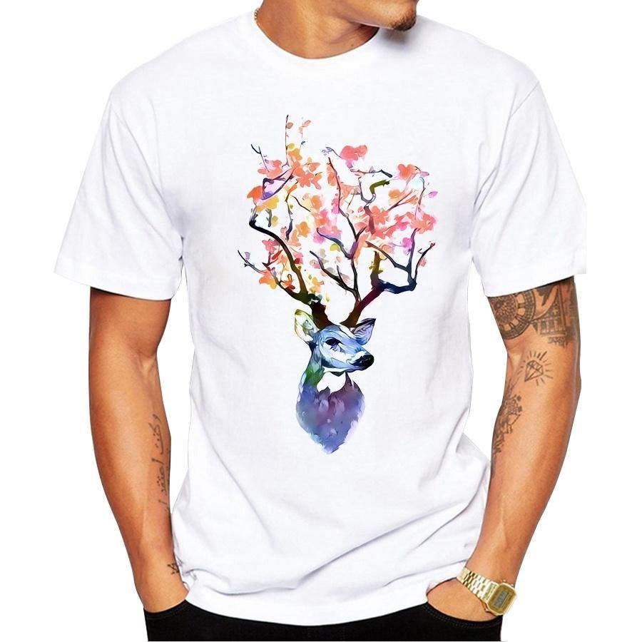 New Fashion Summer Men T Shirt Short Sleeve Deer Art Printed T-Shirts Casual Cool Tee