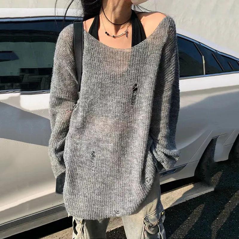 Broken Hole Knitted Hollow Open Back Sun Proof Sweater for Women’s Loose and Lazy Top Y2K Thin Coat Pullover Wholesale alx