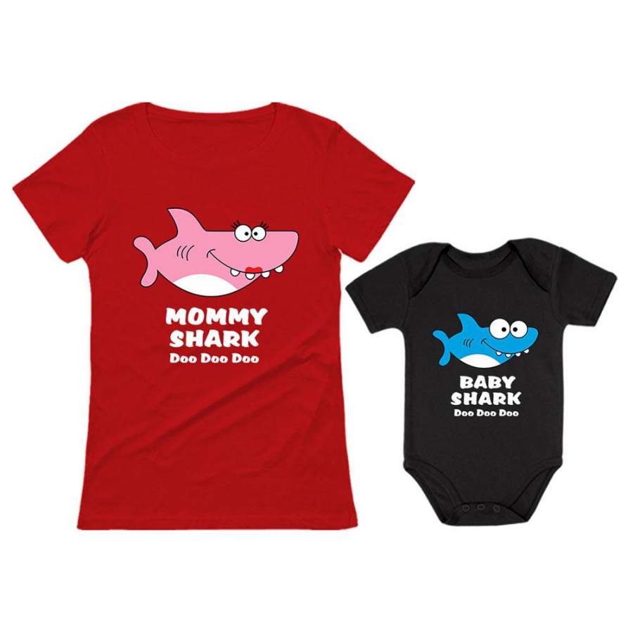 Baby Shark & Mommy Shark Doo Doo T-shirt Bodysuit Set For Mother and Baby