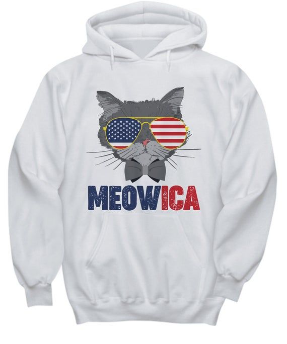 Meowica Fourth of July Kitten Feline Funny Cat Lover Unisex Hoodie White