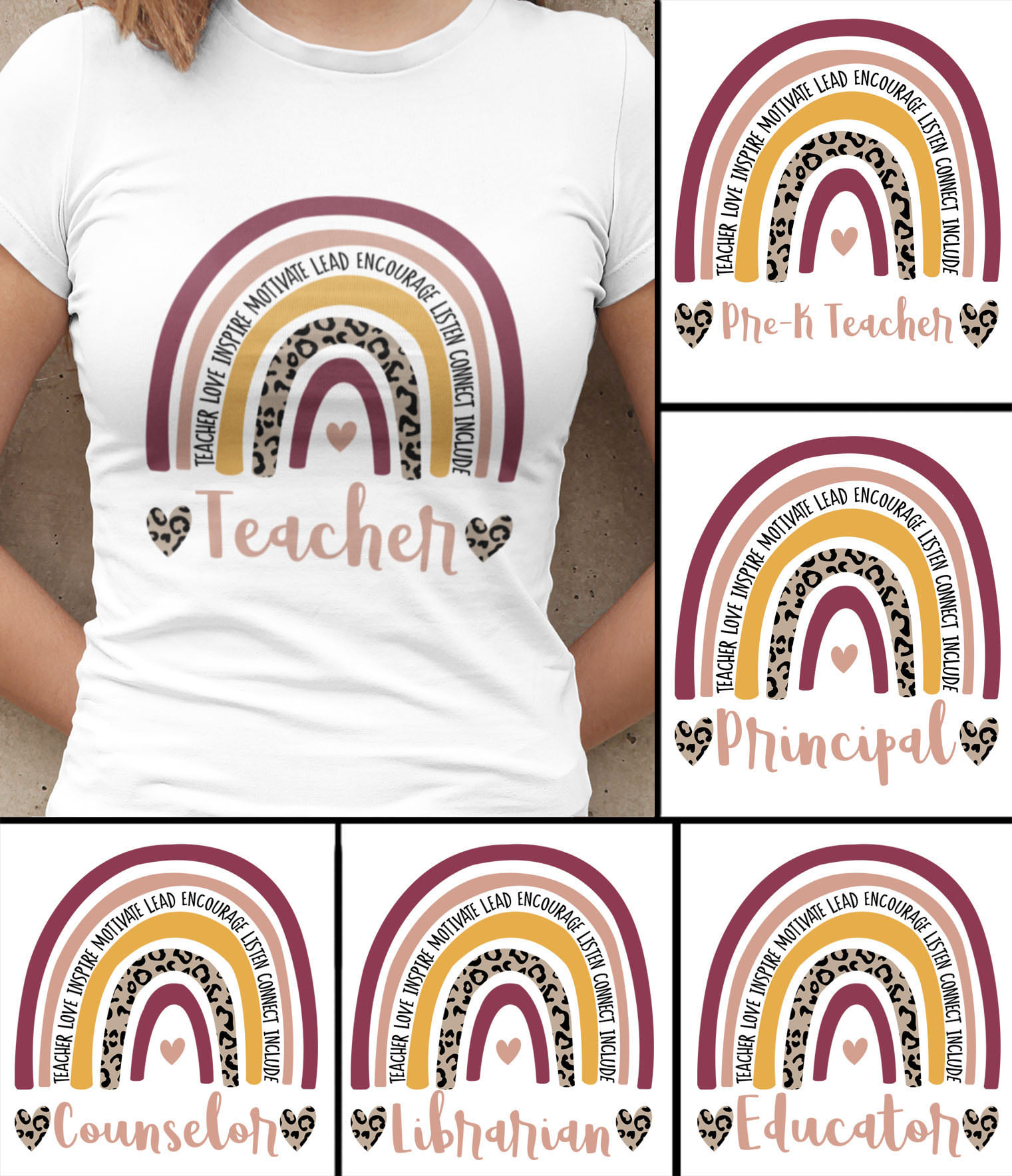 Personalized T-Shirt For Teacher Teach Love Inspire Leopard Rainbow Heart Printed Custom Title Back To School Outfit