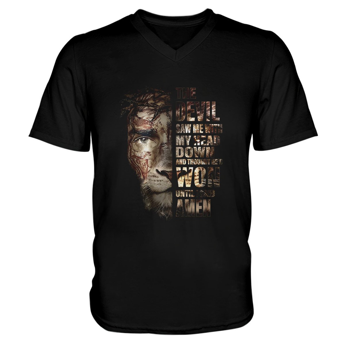 The Devil Saw Me And I Said Amen Jesus Lion, Proud Christian Unisex V-Neck T-Shirt