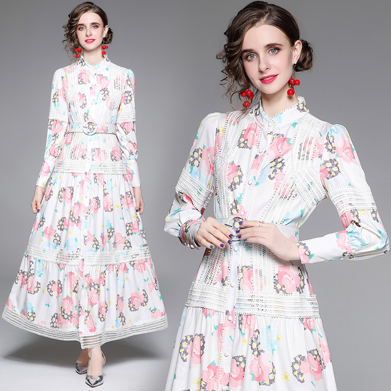 Vintage Hollow Out Maxi Dresses Elegant Print Stand-up Collar Puff Sleeve Single Breast Sashes Large Swing Long Dresses 2022 alx