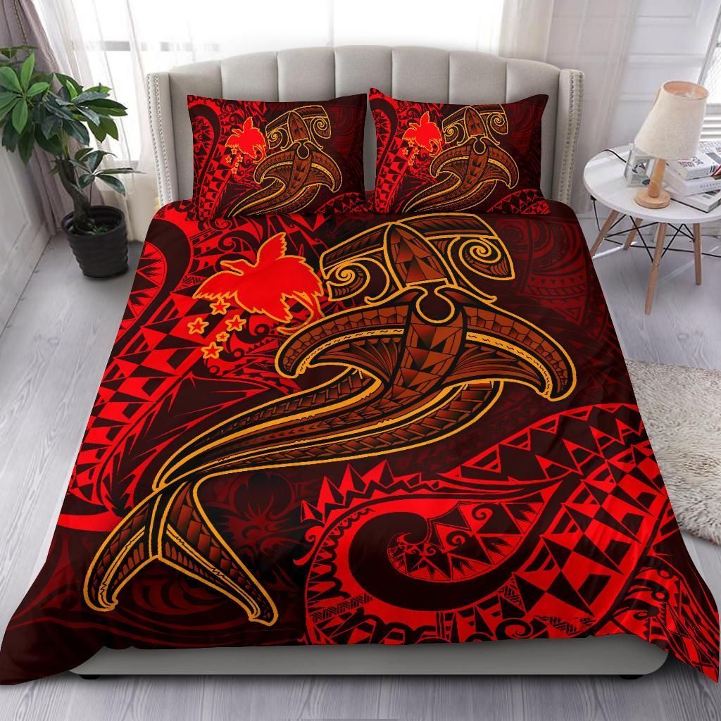 Alohawaii Bedding Set – Cover And Pillow Cases Papua New Guinea – Red Shark Polynesian Tattoo – Bn18