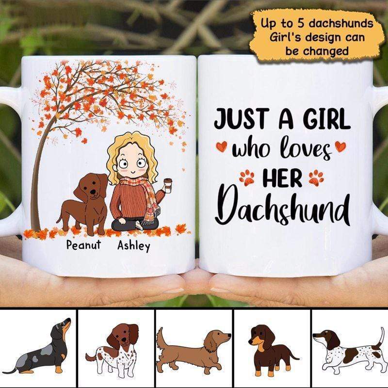 Fall Season Chibi Girl Loves Dachshunds Personalized Mug