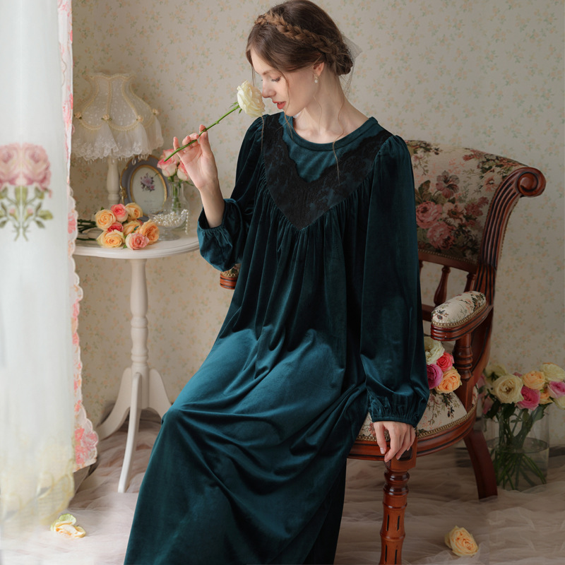 Vintage Velvet Loose Night Dress Women Autumn Winter Warm Thick Pleuche Velour Robe Long Nightwear Victorian Nightgown Sleepwear alx