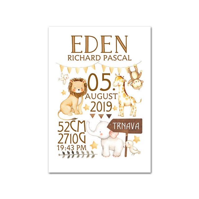 Personalized Baby Birth Custom Poster Nursery Art Print Animal Canvas Painting Wall Picture Nordic Kid Boy Bedroom Decoration