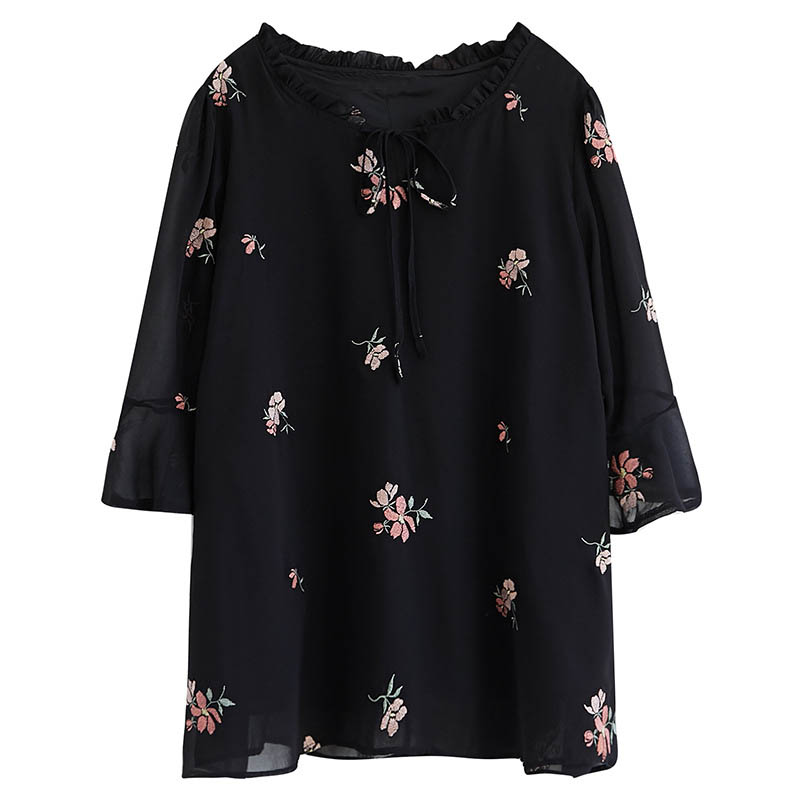 150Kg Plus Size Women’s Bust 150cm Summer Mid Sleeve Chiffon Shirt Loose Black Embroidered Top 6XL 7XL 8XL 9XL alx