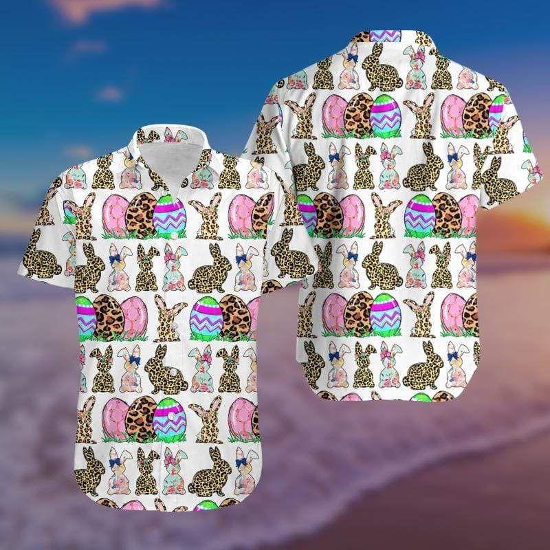 Beach Shirt Copy Of Bunny Leopard & Eggs White Happy Easter Day Hawaiian Aloha Shirts V