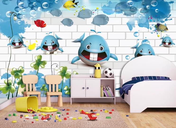 3D Cartoon Underwater World Dolphin Wall Mural Wallpaper Lqh 262