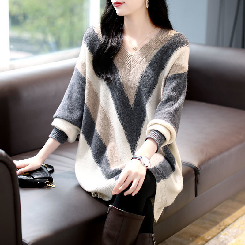 Vintage Korean Fashion V-neck Striped Long Sleeve Knitted Sweater for Women Autumn Winter Casual Loose Tunic Pullover Top Female alx