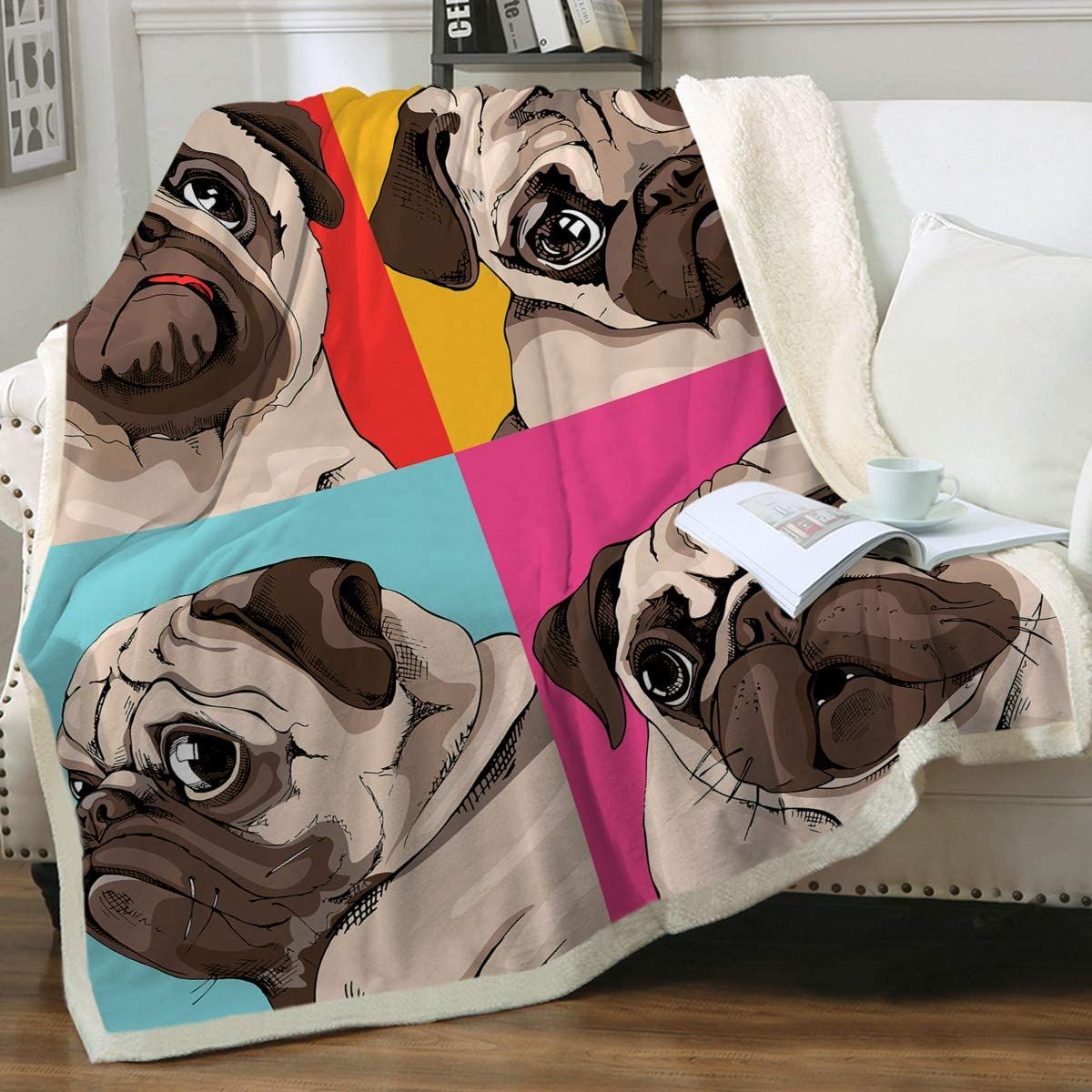 Sleepwish Pop Art Four Pugs Pet Animals Puppy Dog Lovers Fleece Blanket