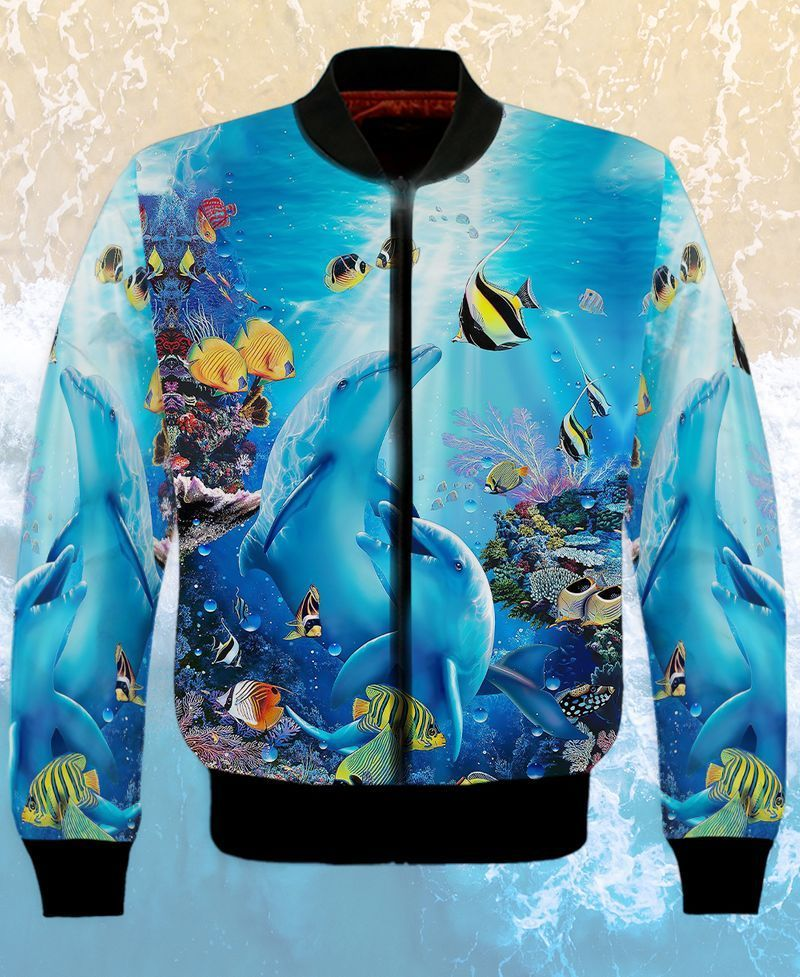 Dolphins And Marine Ecosystems Gift For Sea Lovers 3D Print Polyester Spandex Black Bomber Jacket