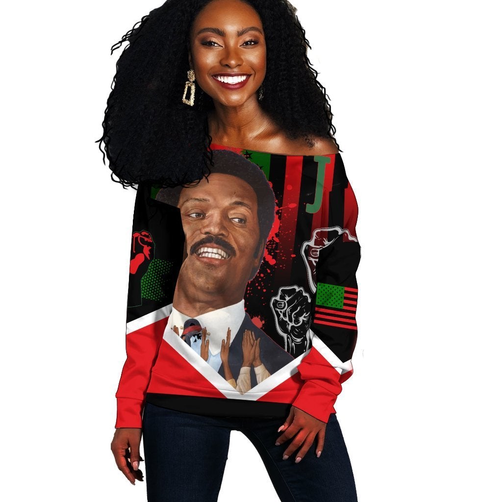 Wonder Print Shop Sweatshirt – African American Flag Jesse Jackson Women Off Shoulder