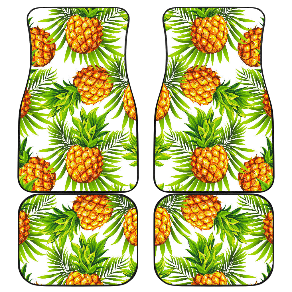 White Tropical Pineapple Pattern Print Front And Back Car Floor Mats, Front Car Mat