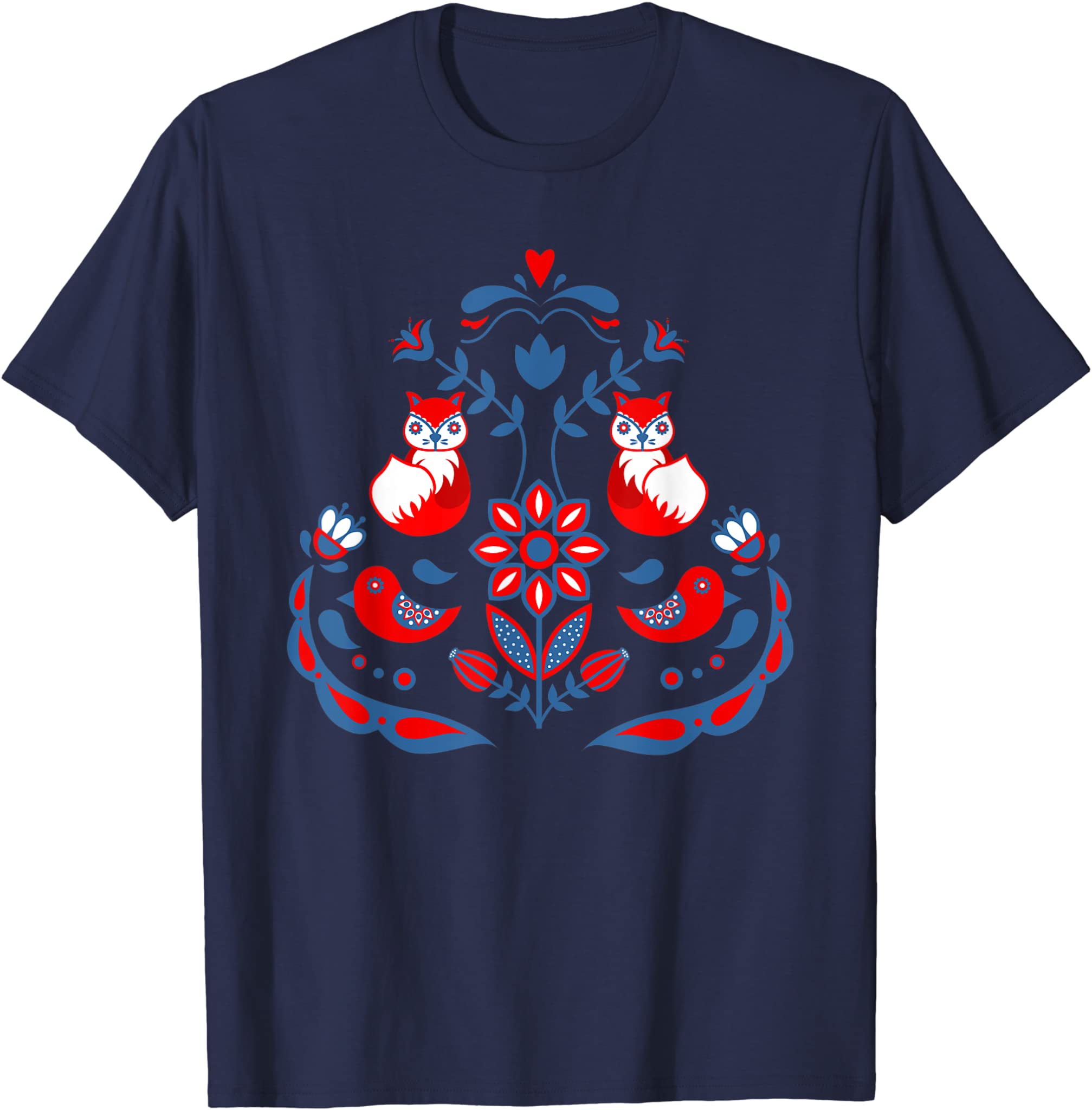 Scandinavian Folk Art Nature Flowers Birds And Foxes T-Shirt