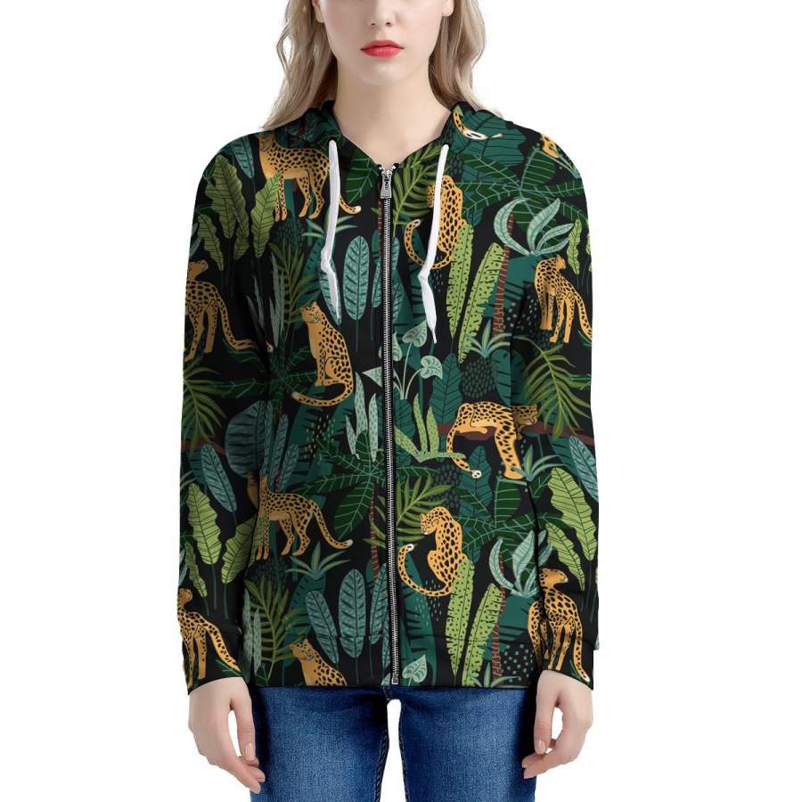 Tropical Leopard Hawaiian Print Women’s Zip Up Hoodie