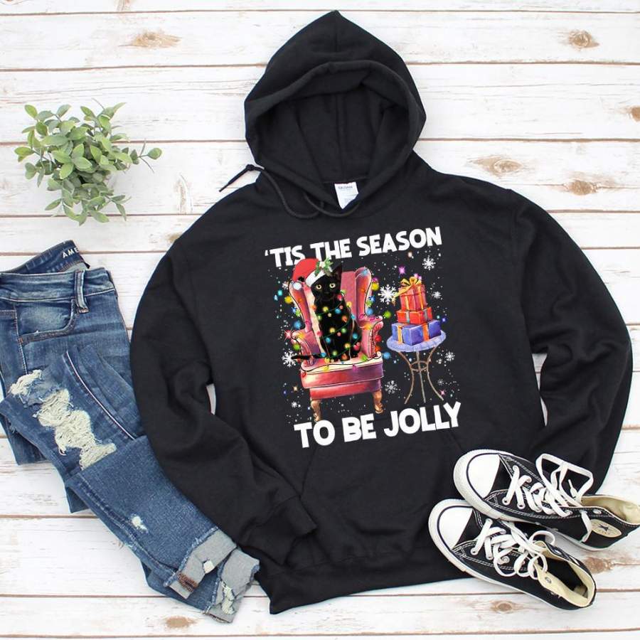 Black cat santa led ’tis the season to be jolly merry christmas gifts snow black hoodie for men and women S-5XL