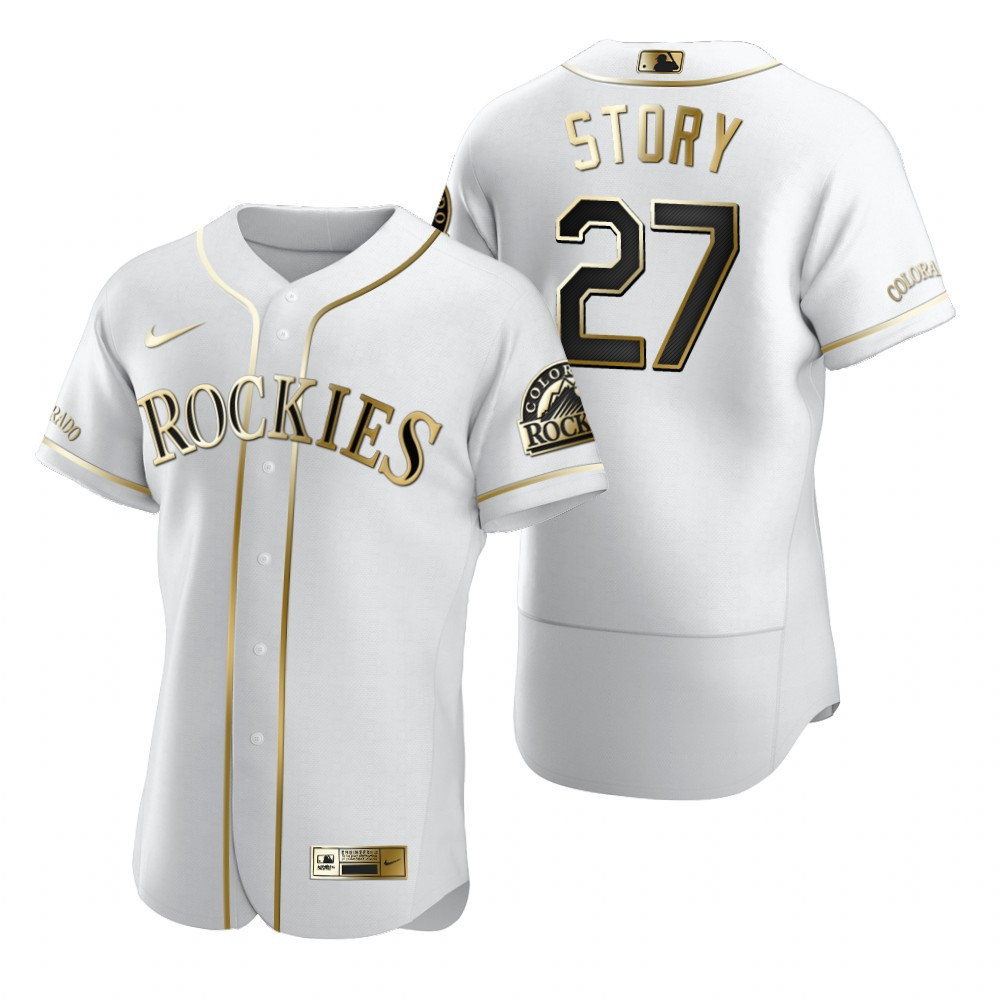 Colorado Rockies #27 Trevor Story MLB Golden Brandedition White Jersey Gift For Rockies Fans