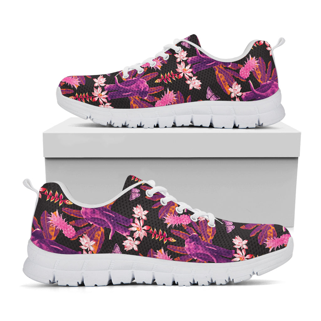 Purple Tropical Elephant Pattern Print White Sneakers