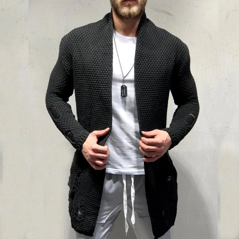 2021 New Men’s Cardigan Male High Street Slim Fit Long Cardigans Outerwear Solid Color Knitted Sweater Coat 3XL alx