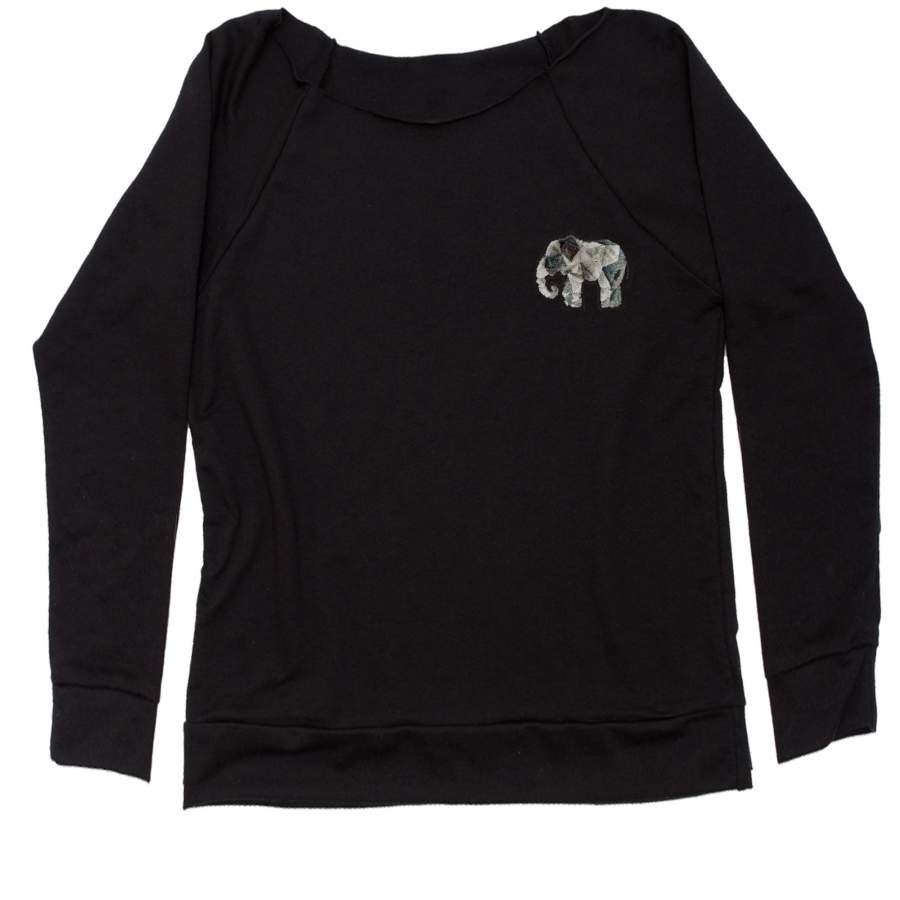 Embroidered Furry Mandala Elephant Patch (Pocket Print) Slouchy Off Shoulder Oversized Sweatshirt