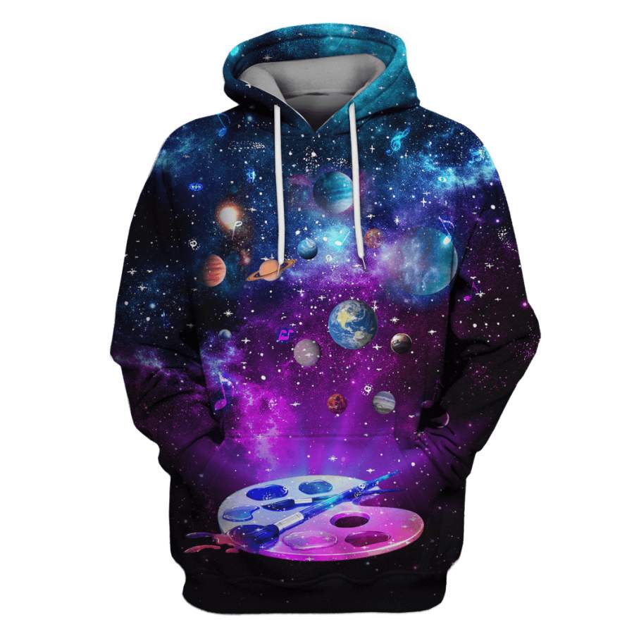 Watercolor brush in the space with many planets Custom T-shirt – Hoodies Apparel