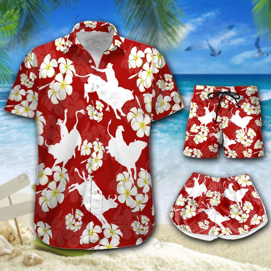 Bull Riding Plumeria Hawaiian Shirt Shorts Ha49134