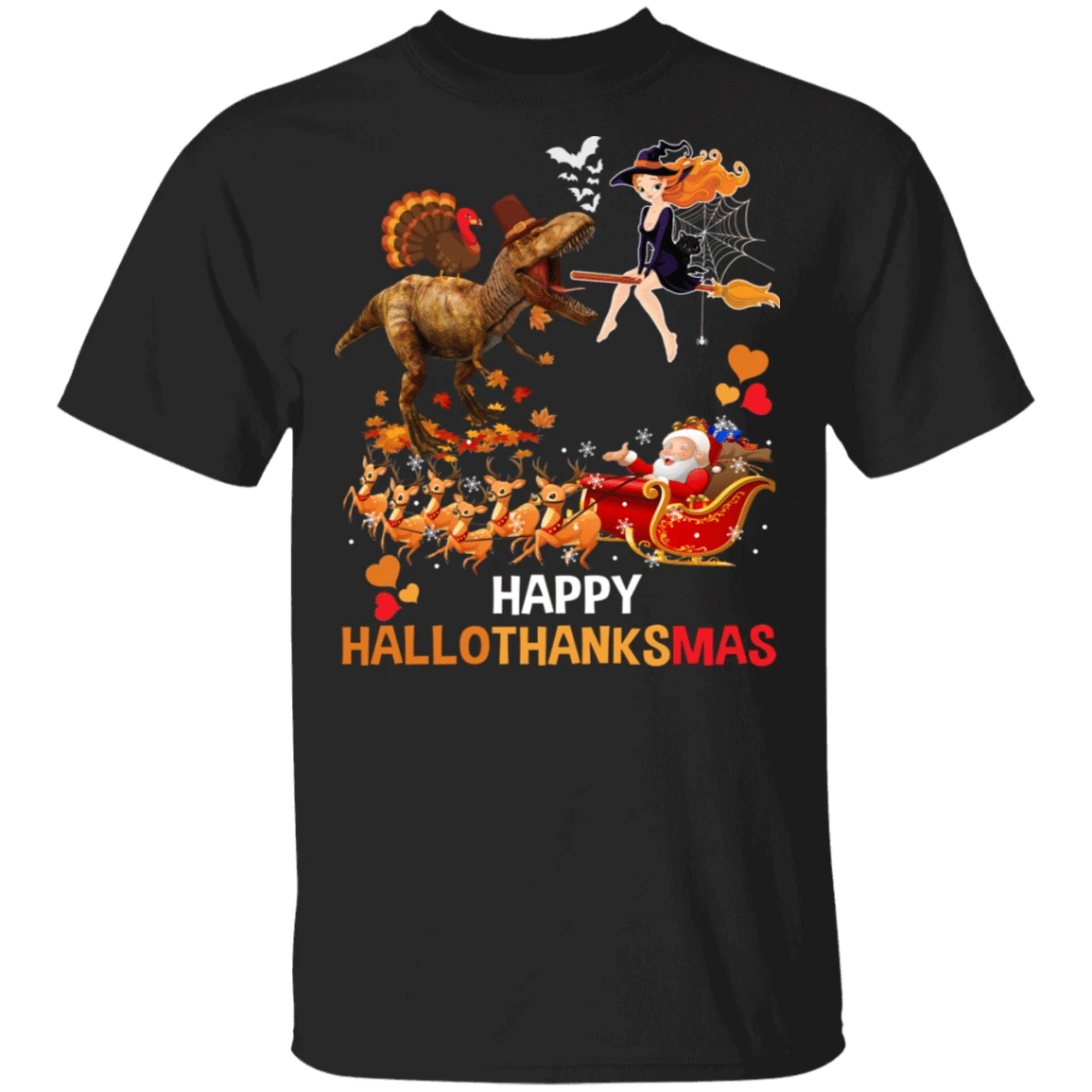 Christmas Shirt Happy Hallothanksmas Funny Halloween Thanksgiving Christmas Santa T-Rex Witch Turkey Lover Gifts Halloween T-Shirt