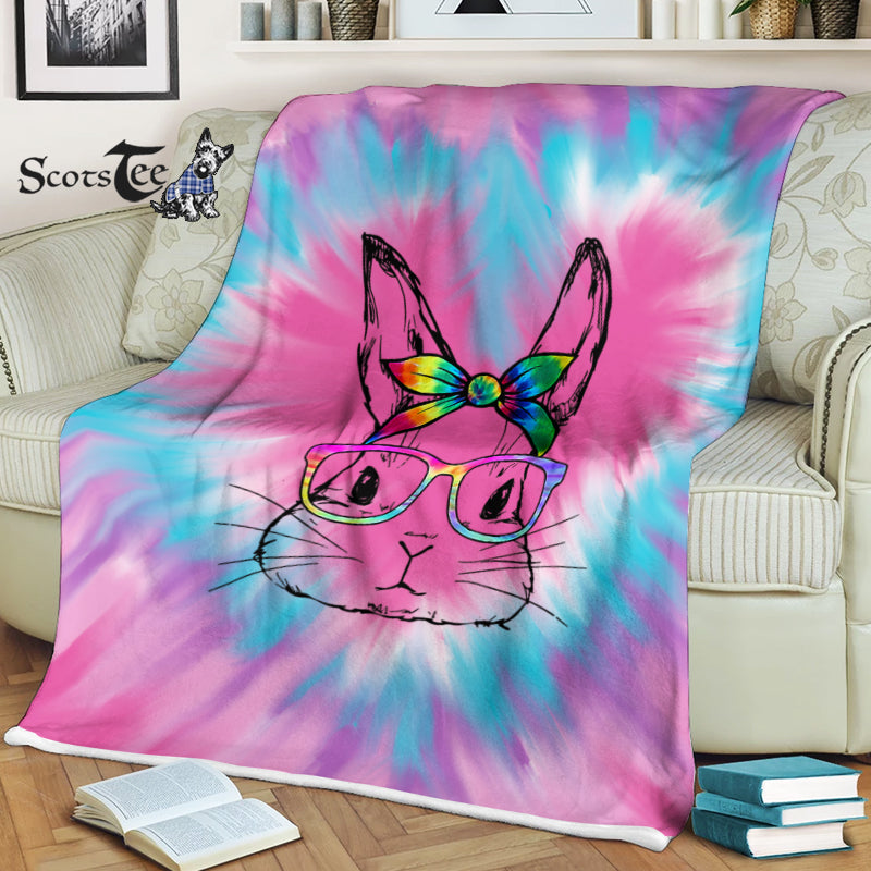 Scotstee Shop Blanket Happy Easter Day Cute Bunny Rabbit Face Tie Dye Pink Heart Rainbow Hippie Fleece Blanket